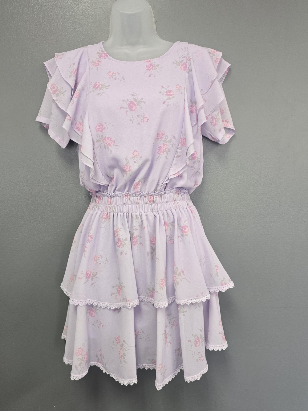 Shabby Chic Lilac Floral Ruffle Tiered Dress with Pink Accents
